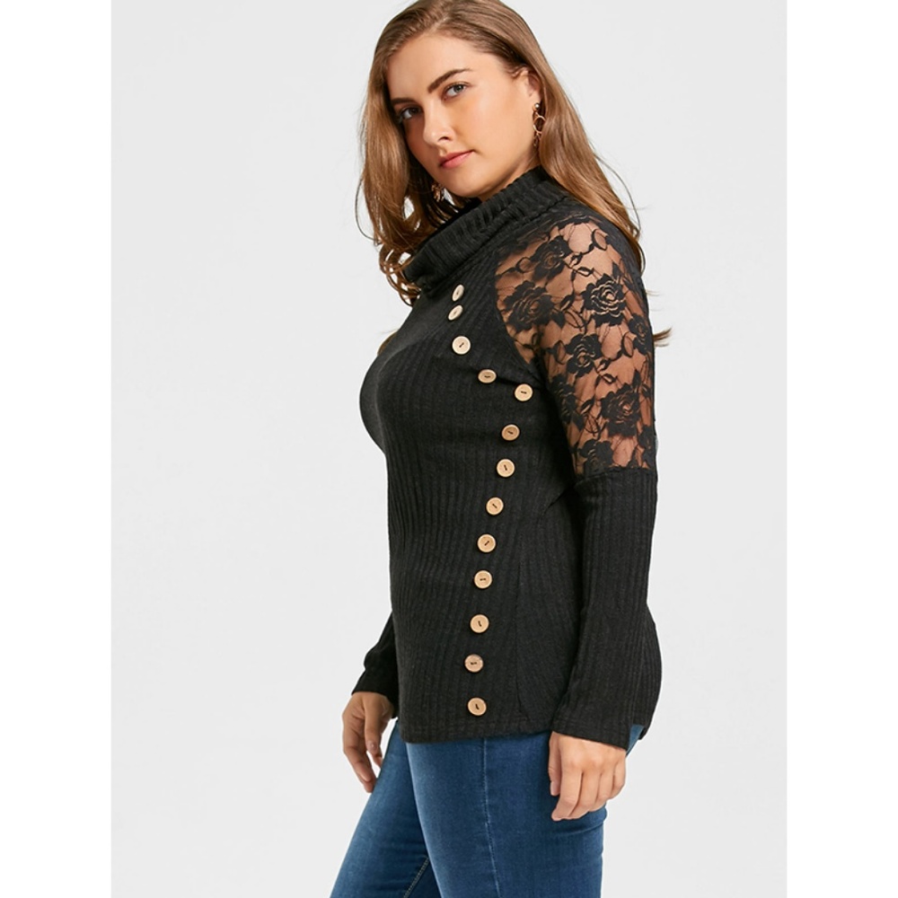 Plus Size Lace Shoulder Button Embellished Sweater - Picture 4 of 8